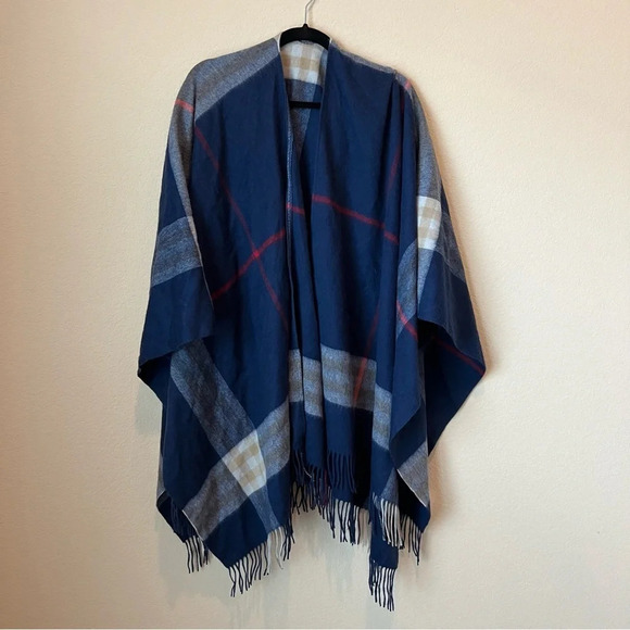 Ganni Fringed Poncho in Navy Check - Picture 4 of 8
